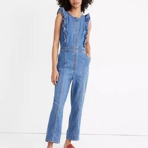 Women denim ruffle zip front jumpsuit